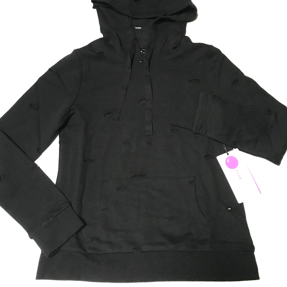 NEW Yogalicious Distressed Cutout Hoodie Black